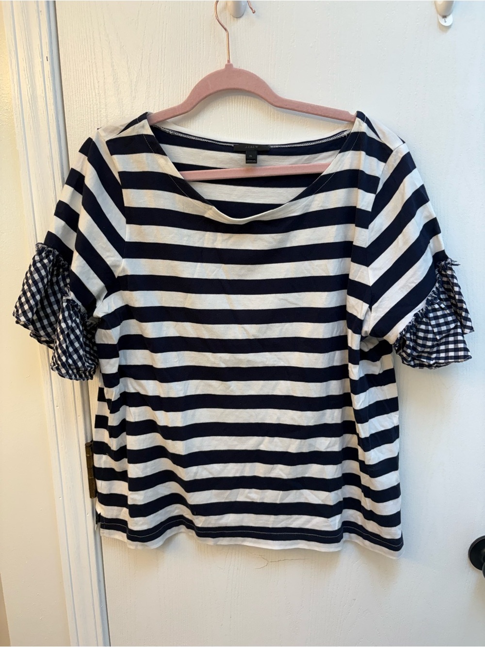 J. Crew Navy and White Striped Short Sleeve Top with Gingham Ruffle Sleeves